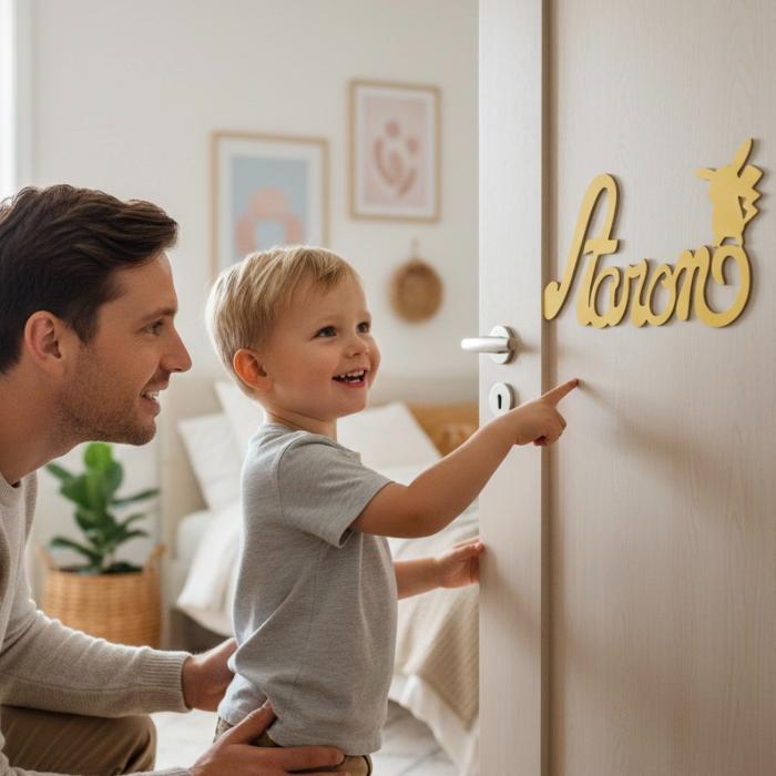 Plaque de Porte Personnalisée en Bois - Motif Pikachu - Couleur Jaune