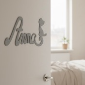 Plaque de Porte Personnalisée en Bois - Motif Chat - Couleur Gris