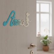 Plaque de Porte Personnalisée en Bois - Motif Chat - Couleur Turquoise/Ecru