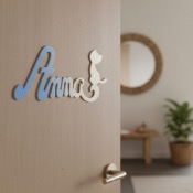 Plaque de Porte Personnalisée en Bois - Motif Chat - Couleur Bleu/Ecru