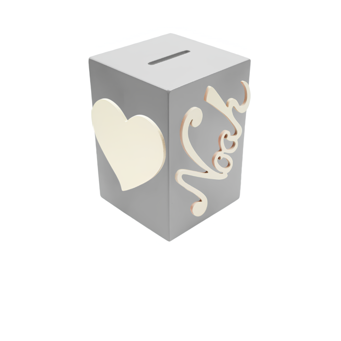 Tirelire en Bois pour Garçon - Motif Coeur - Couleur Grise
