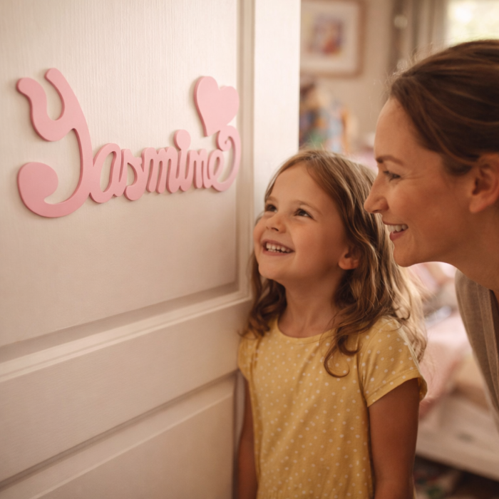 Plaque de Porte Personnalisée en Bois - Motif Cœur - Couleur Lilas
