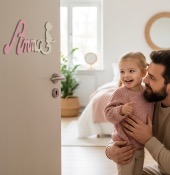 Plaque de Porte Personnalisée en Bois - Motif Chat - Couleur Lilas/Ecru