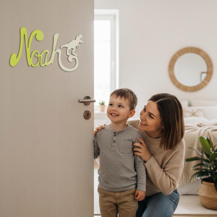 Plaque de Porte - motif Dino - Couleur Pistache/Ecru