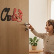 Plaque de Porte Personnalisée Enfant - Motif Mickey - Couleur Anthracite/Rouge