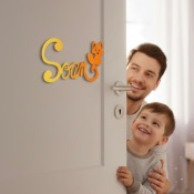 Plaque de Porte Personnalis�e en Bois - Motif Renard - Couleur Jaune/Orange