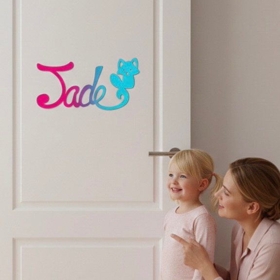 Plaque de Porte Personnalisée en Bois - Motif Renard - Couleur Framboise/Turquoise