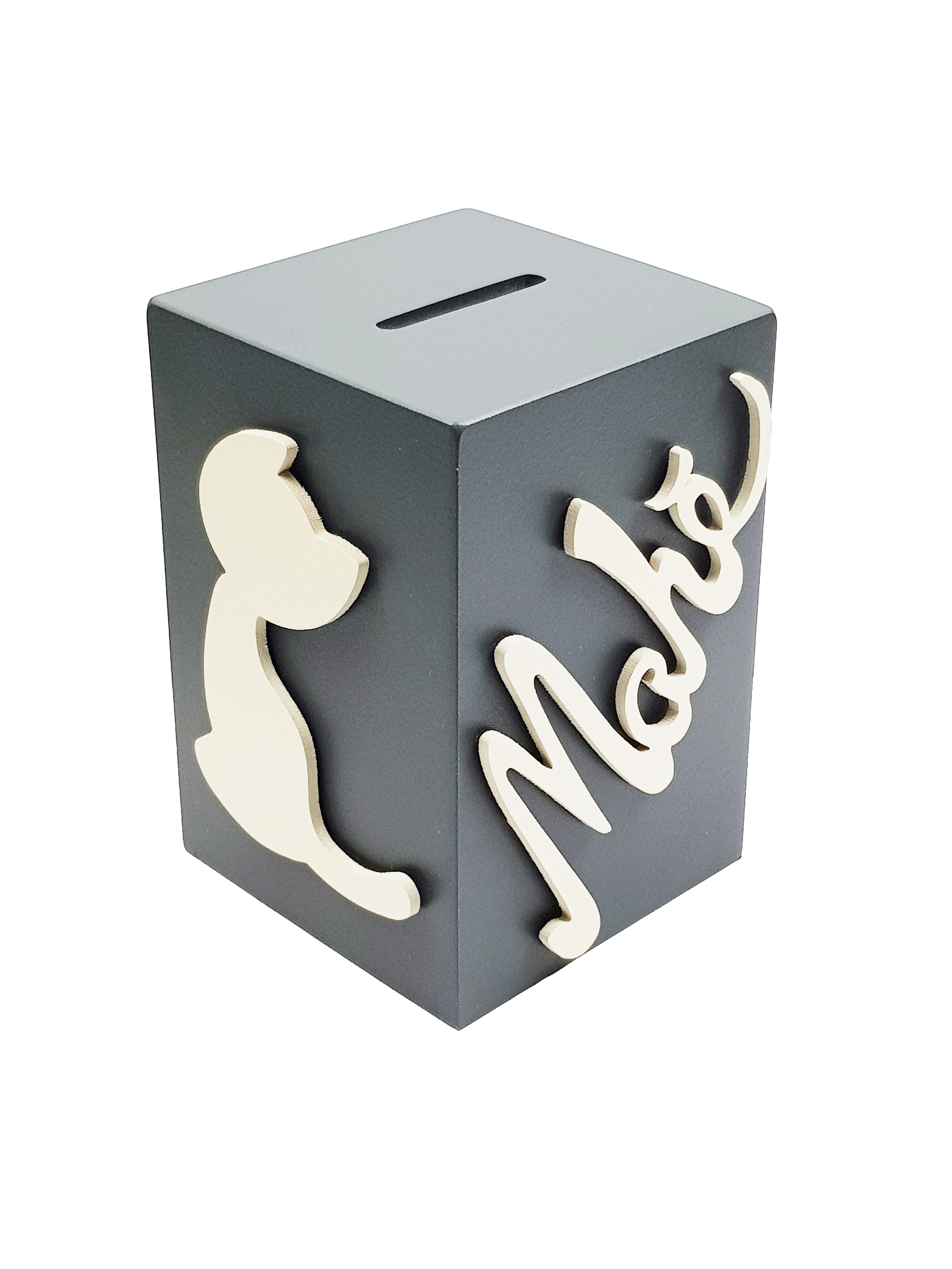 Tirelire Personnalise en Bois - Motif Chat - Couleur Anthracite