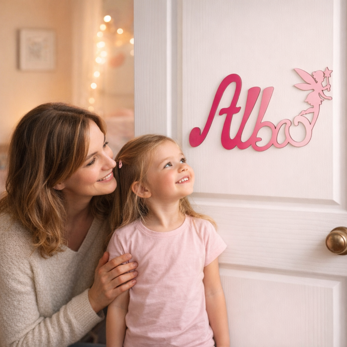 Plaque de Porte - Motif Fée - Couleur Framboise/Lilas
