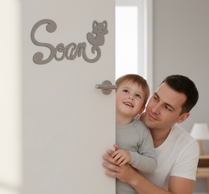 Plaque de Porte Personnalisée en Bois - Motif Renard - Couleur Mastic