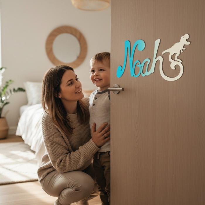 Plaque de Porte - motif Dino - Couleur Turquoise/Ecru