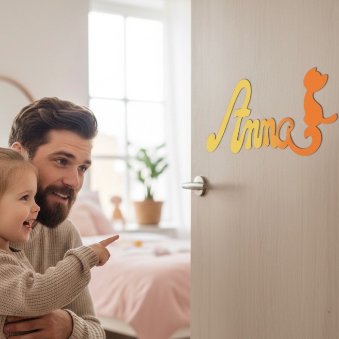 Plaque de Porte Personnalisée en Bois - Motif Chat - Couleur Jaune/Orange