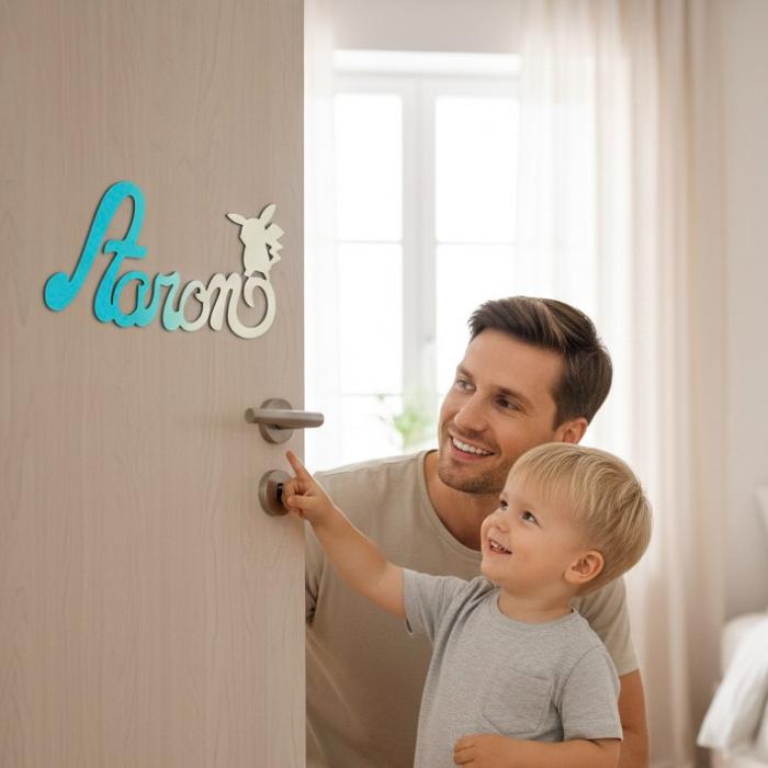 Plaque de Porte Personnalisée en Bois - Motif Pikachu - Couleur Turquoise/Ecru