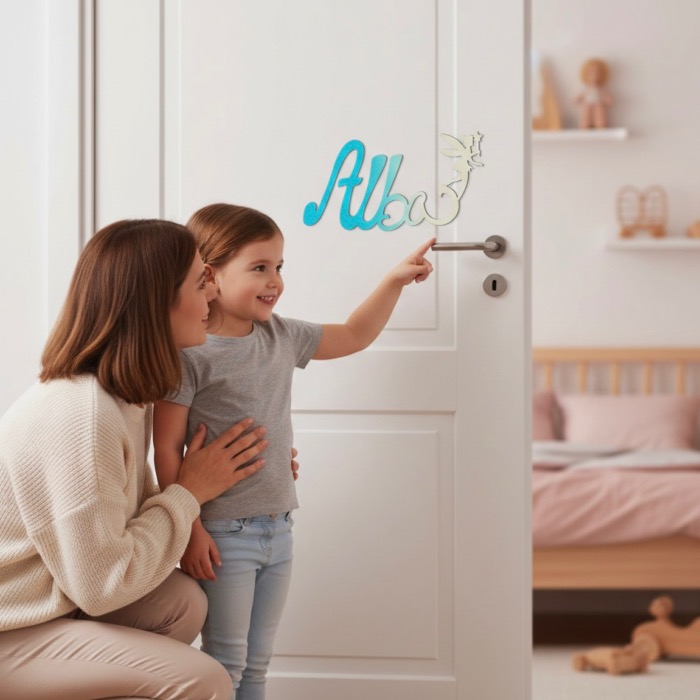 Plaque de Porte - Motif Fée - Couleur Turquoise/Ecru