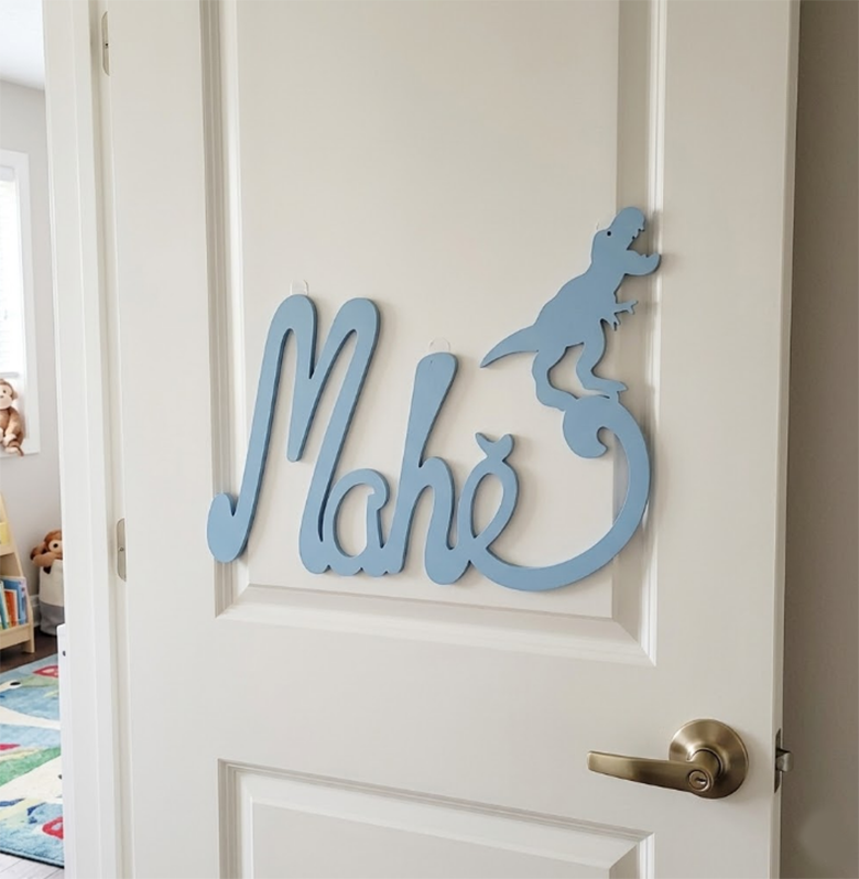 Nouvelle Plaque de Porte - Motif Dino - Couleur Bleu Poudre