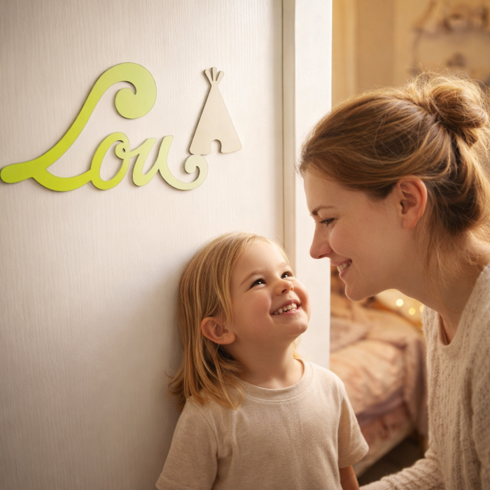 Plaque de Porte Personnalisée Enfant - Motif Tipi - Couleur Pistache/Ecru