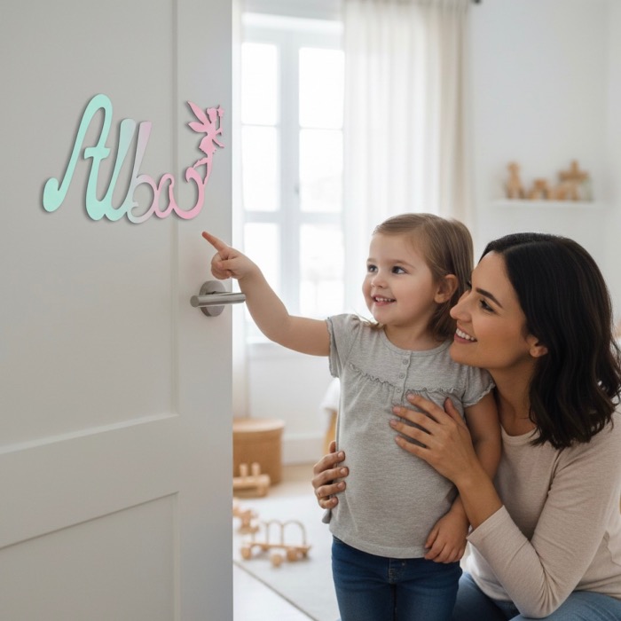 Plaque de Porte - Motif Fée - Couleur Vert/Lilas