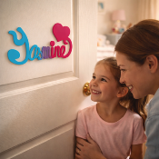 Plaque de Porte Personnalisée en Bois - Motif Cœur - Couleur Turquoise/Framboise