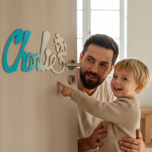 Plaque de Porte Personnalisée Enfant - Motif Mickey - Couleur Turquoise/Ecru