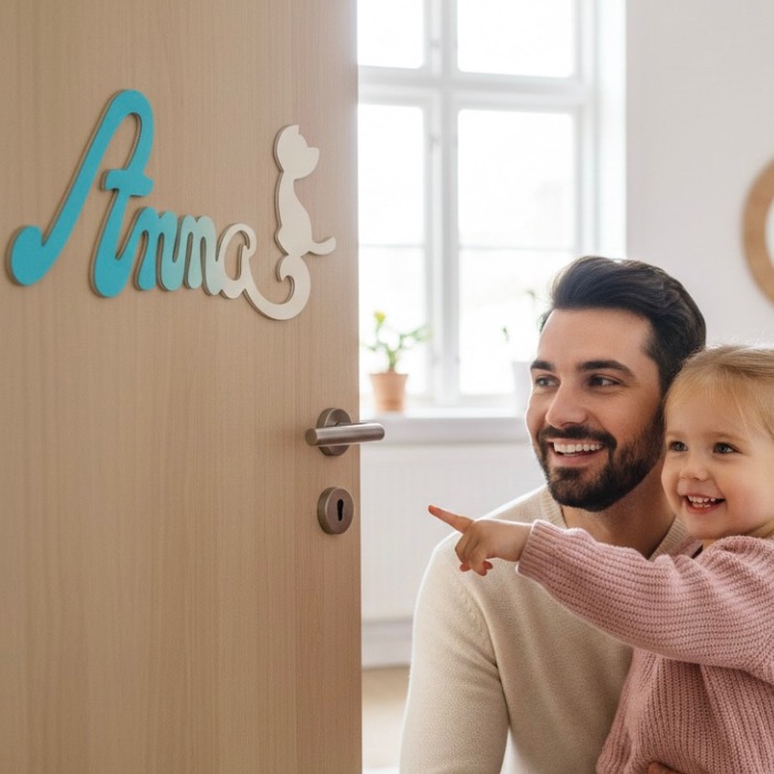 Plaque de Porte Personnalisée en Bois - Motif Chat - Couleur Turquoise/Ecru