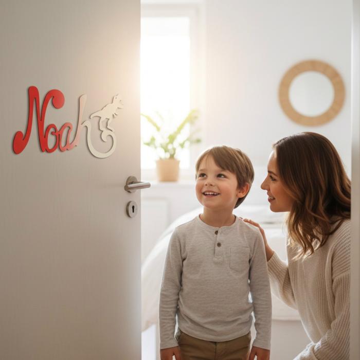 Plaque de Porte - motif Dino - Couleur Rouge/Ecru