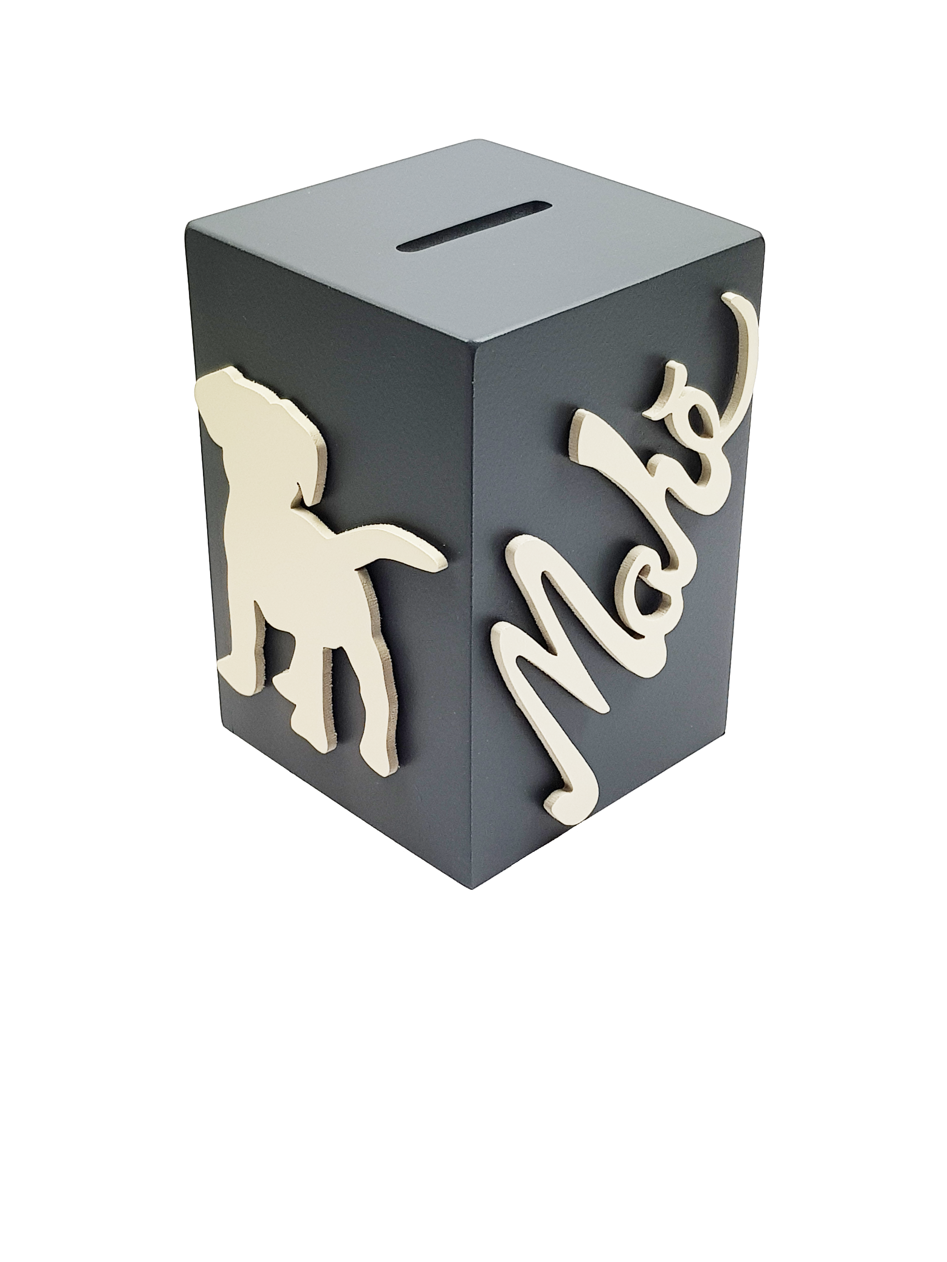 Tirelire Personnalise en Bois - Motif Chien - Couleur Anthracite