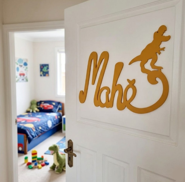 Nouvelle Plaque de Porte - Motif Dino - Couleur Or Tournesol