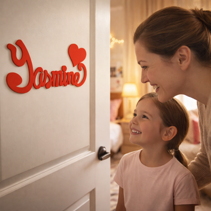 Plaque de Porte Personnalisée en Bois - Motif Cœur - Couleur Rouge