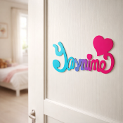 Plaque de Porte Personnalisée en Bois - Motif Cœur - Couleur Turquoise/Framboise