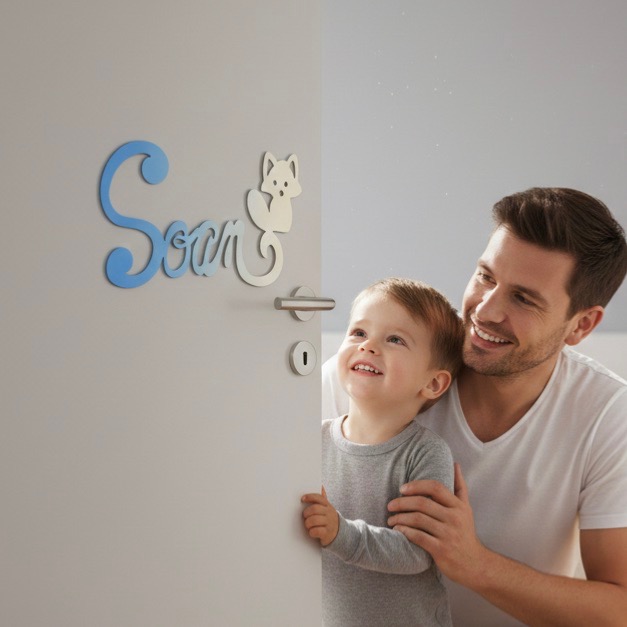 Plaque de Porte Personnalisée en Bois - Motif Renard - Couleur Bleu/Ecru