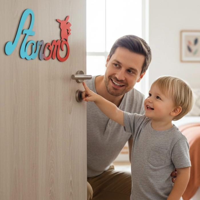 Plaque de Porte Personnalisée en Bois - Motif Pikachu - Couleur Turquoise/Rouge