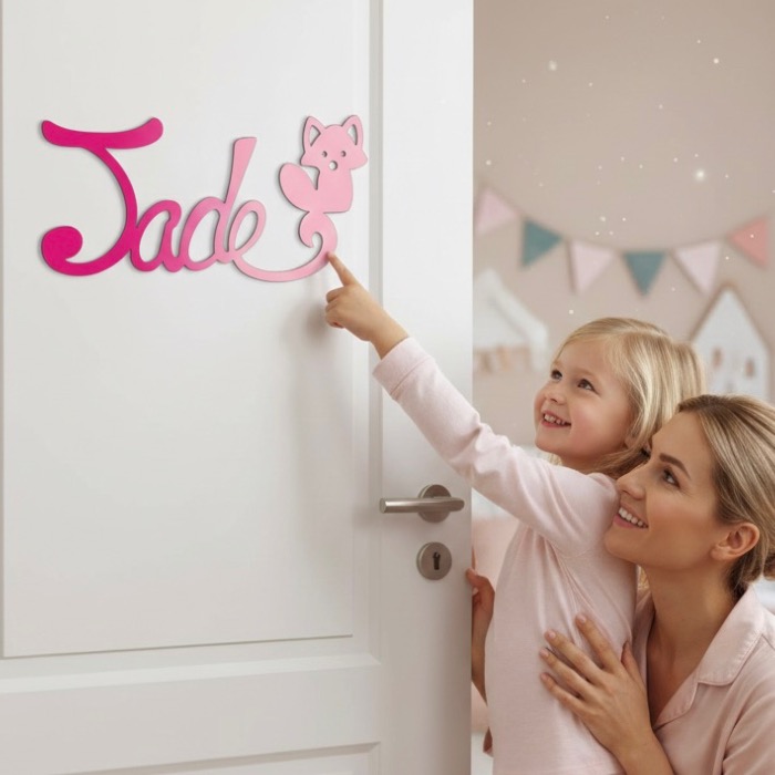 Plaque de Porte Personnalisée en Bois - Motif Renard - Couleur Framboise/Lilas