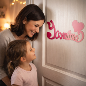 Plaque de Porte Personnalisée en Bois - Motif Cœur - Couleur Framboise/Lilas