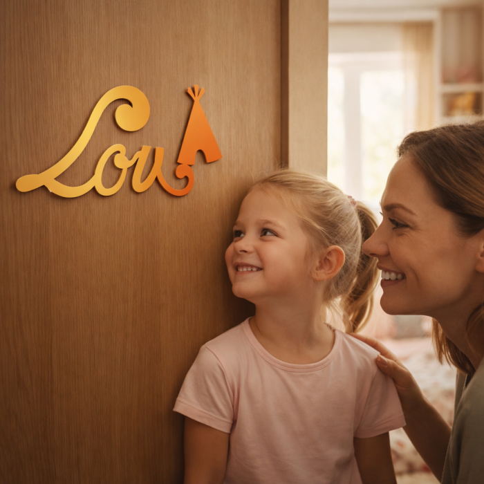 Plaque de Porte Personnalisée Enfant - Motif Tipi - Couleur Jaune/Orange