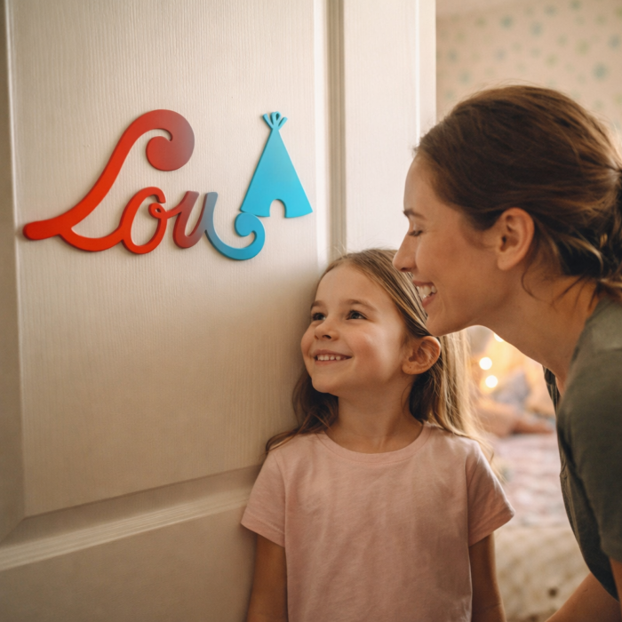 Plaque de Porte Personnalisée Enfant - Motif Tipi - Couleur Rouge/Turquoise