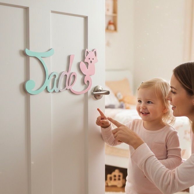 Plaque de Porte Personnalisée en Bois - Motif Renard - Couleur Vert/Lilas