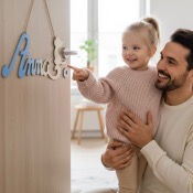 Plaque de Porte Personnalisée en Bois - Motif Chat - Couleur Bleu/Ecru