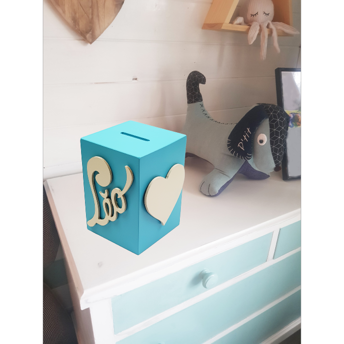 Tirelire pour Garçon - Motif Coeur - Couleur Turquoise