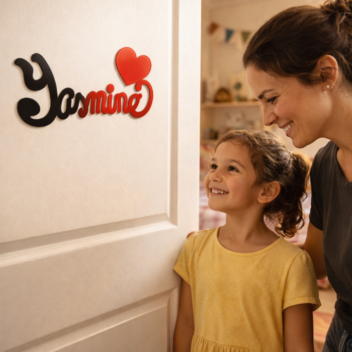Plaque de Porte Personnalisée en Bois - Motif Cœur - Couleur Anthracite/Rouge