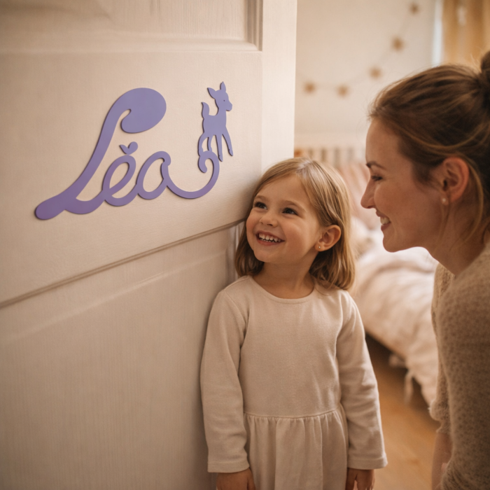 Plaque de Porte Personnalisée Enfant - Motif Faon - Couleur Parme clair