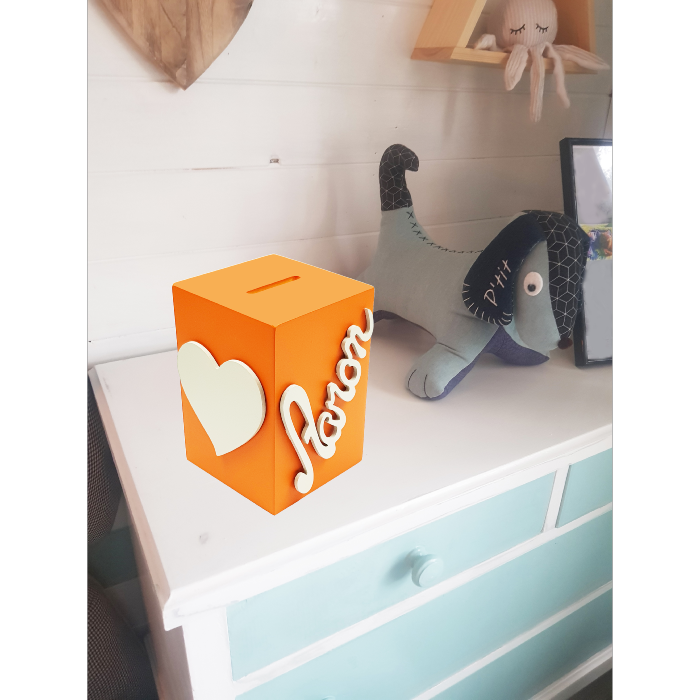 Tirelire Personnalisée pour Garçon- Motif Cœur - Couleur Orange