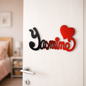 Plaque de Porte Personnalisée en Bois - Motif Cœur - Couleur Anthracite/Rouge