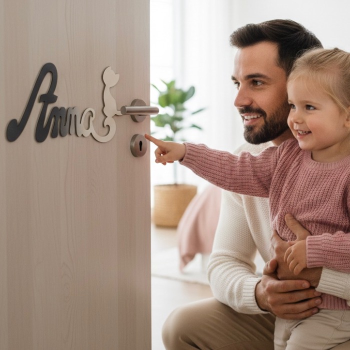 Plaque de Porte Personnalisée en Bois - Motif Chat - Couleur Anthracite/Ecru