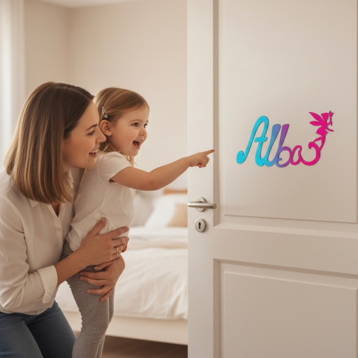 Plaque de Porte - Motif Fée - Couleur Turquoise/Framboise