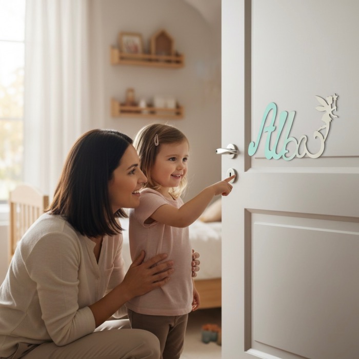 Plaque de Porte - Motif Fée - Couleur Vert/Ecru