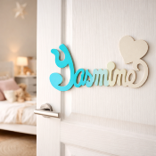 Plaque de Porte Personnalisée en Bois - Motif Cœur - Couleur Turquoise/Ecru