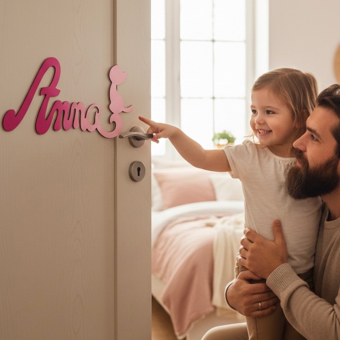 Plaque de Porte Personnalisée en Bois - Motif Chat - Couleur Framboise/Lilas