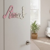 Plaque de Porte Personnalisée en Bois - Motif Chat - Couleur Lilas/Ecru