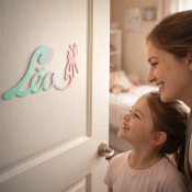 Plaque de Porte Personnalis�e Enfant - Motif Faon - Couleur Vert/Lilas