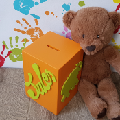 Tirelire personnalisée en bois avec motif couleur orange